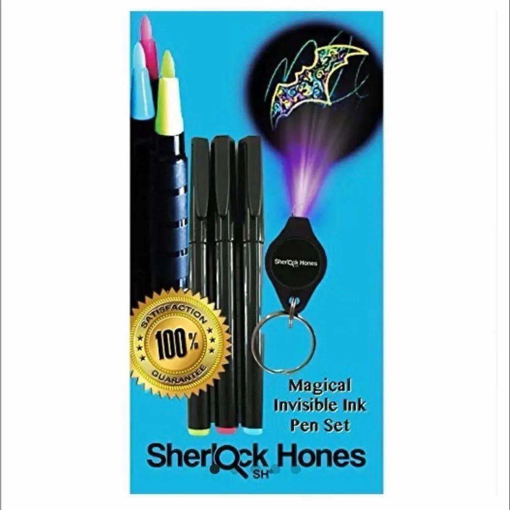 Sherlock Hones Invisible Ink Pen Toy Markers in 3 INK COLORS with UV Dark Light